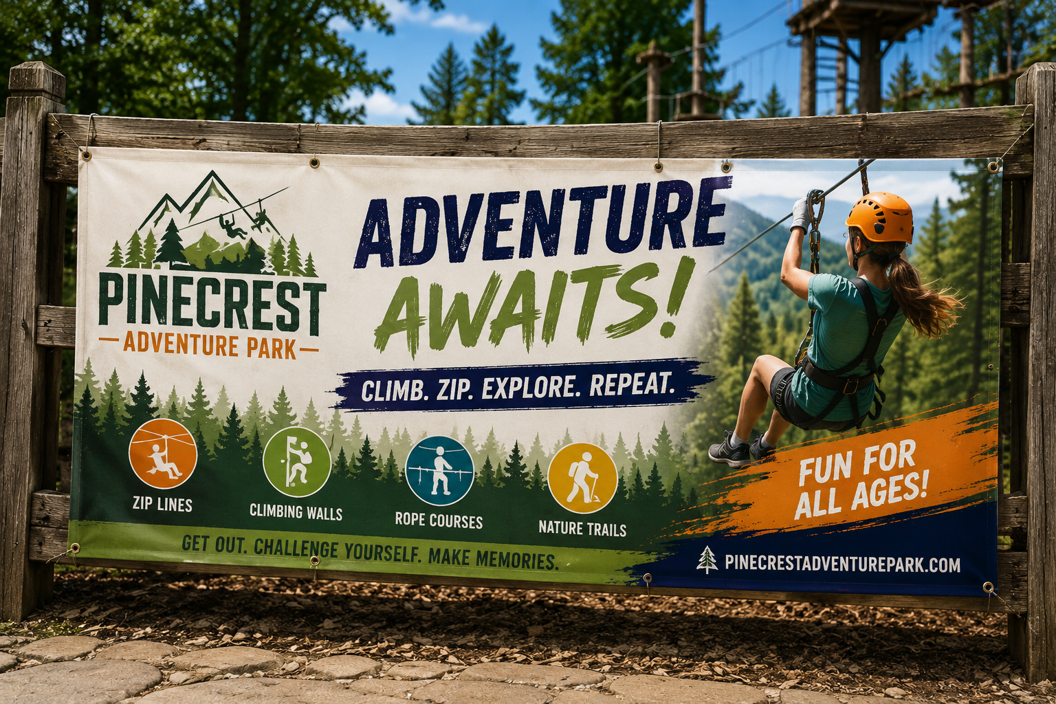 Storefront banner displayed for a business promotion printed by American Banner Company