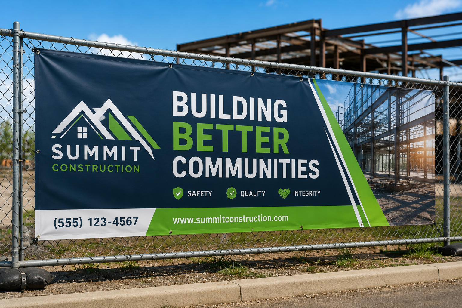Construction fence banner printed by American Banner Company for outdoor jobsite branding