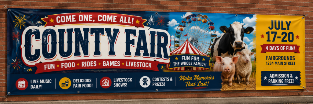 County fair event banner design for outdoor community event promotion