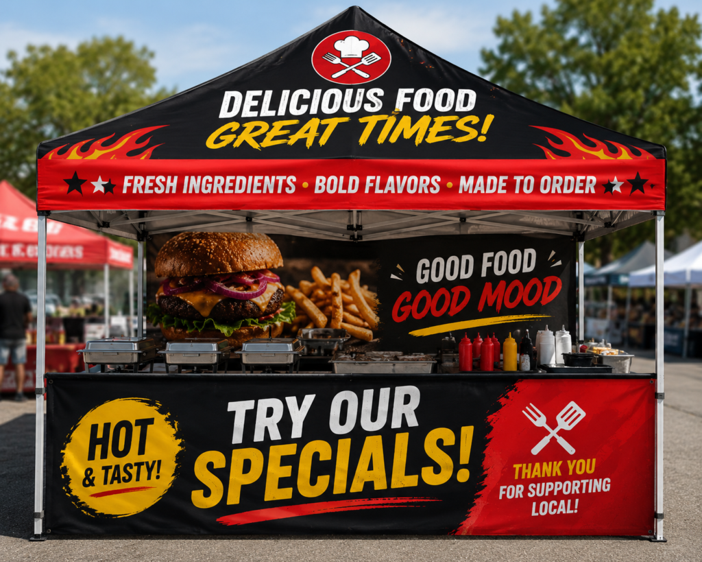 Food vendor tent banner design for market festival or event booth