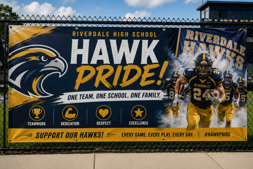 Football fence banner for school sports field and sponsor visibility