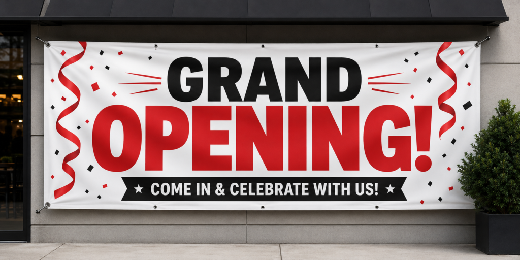 Grand opening banner example for a new business launch