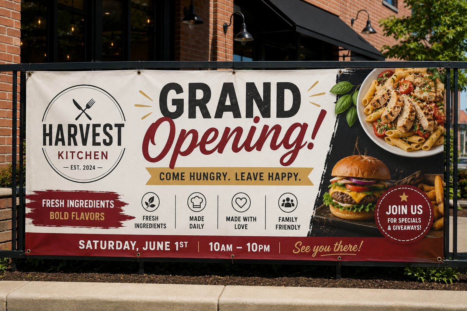 Grand opening banner printed for a restaurant promotion