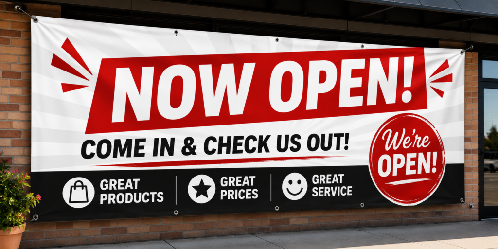 Now open storefront banner design for announcing a new business location